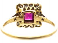 Art Deco 18ct Gold & Platinum, Square Ring set with a Ruby & Diamonds