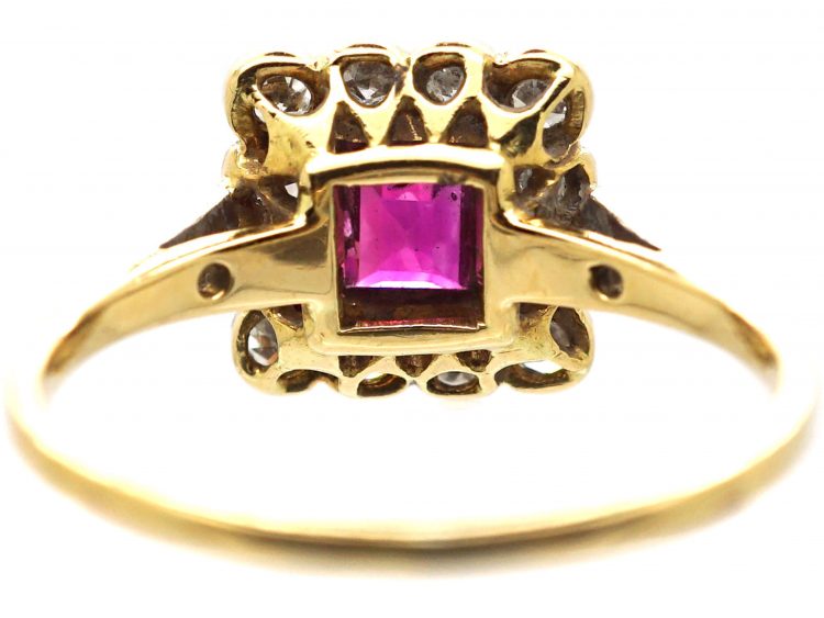 Art Deco 18ct Gold & Platinum, Square Ring set with a Ruby & Diamonds