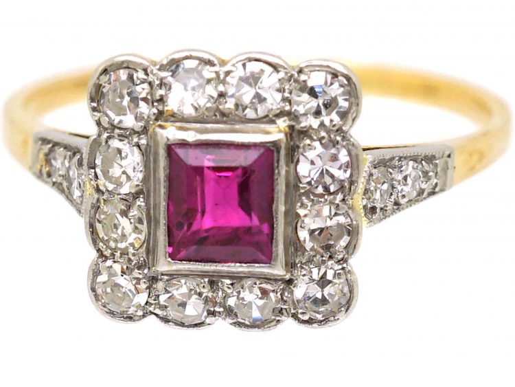 Art Deco 18ct Gold & Platinum, Square Ring set with a Ruby & Diamonds