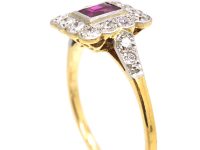 Art Deco 18ct Gold & Platinum, Square Ring set with a Ruby & Diamonds
