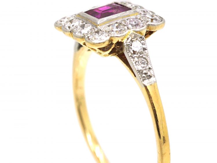 Art Deco 18ct Gold & Platinum, Square Ring set with a Ruby & Diamonds