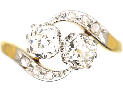 Edwardian 18ct Gold & Platinum Two Stone Diamond Crossover Ring