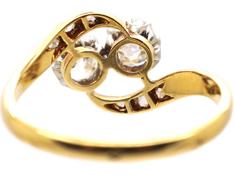 Edwardian 18ct Gold & Platinum Two Stone Diamond Crossover Ring