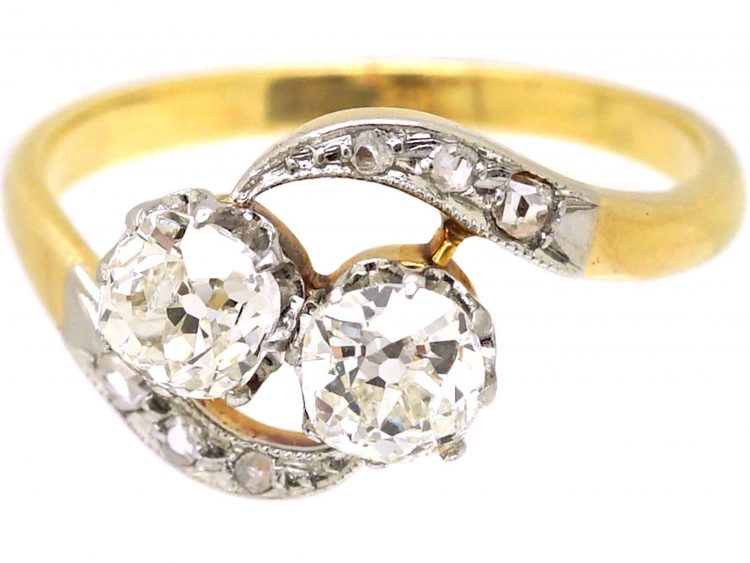 Edwardian 18ct Gold & Platinum Two Stone Diamond Crossover Ring