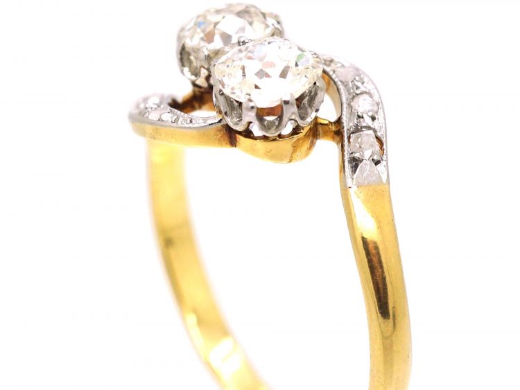 Edwardian 18ct Gold & Platinum Two Stone Diamond Crossover Ring