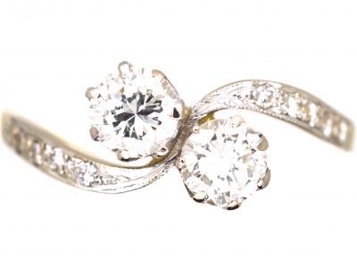Edwardian 18ct Gold & Platinum, Two Stone Diamond Crossover Ring with Diamond set Shoulders