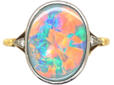 Art Deco 18ct Gold & Platinum, Black Opal Ring with Diamond Shoulders