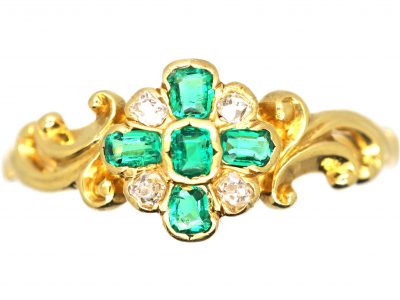Early Victorian 18ct Gold Emerald & Diamond Cluster Ring with Ornate Shoulders