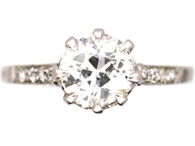Early 20th Century 18ct White Gold Diamond Solitaire Ring with Diamond set Shoulders