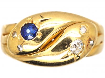 Edwardian 18ct Gold Double Snake Ring set with a Diamond & a Sapphire