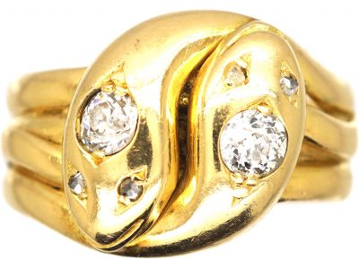 Victorian 18ct Gold Double Snake Ring set with Two Diamonds & Rose Diamond Eyes
