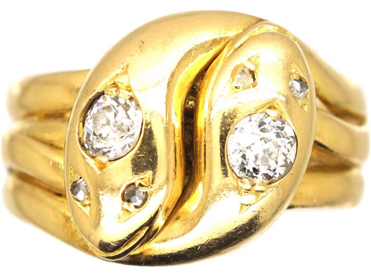 Victorian 18ct Gold Double Snake Ring set with Two Diamonds & Rose Diamond Eyes