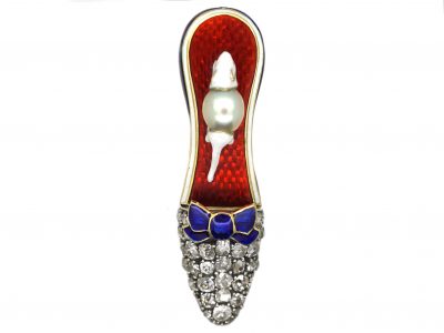 Edwardian 15ct Gold & Silver & Enamel Mouse in the Shoe Brooch set with Rose Diamonds