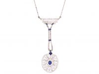 Art Deco Platinum Sapphire & Diamond Pendant on a 9ct White Gold Chain