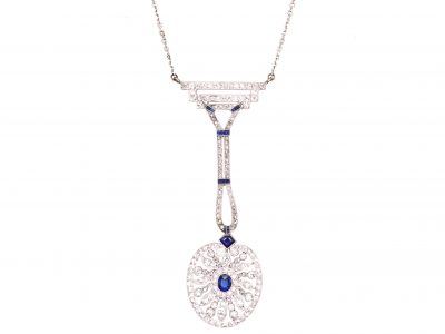 Art Deco Platinum Sapphire & Diamond Pendant on a 9ct White Gold Chain