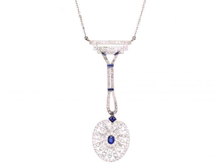 Art Deco Platinum Sapphire & Diamond Pendant on a 9ct White Gold Chain