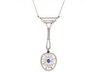 Art Deco Platinum Sapphire & Diamond Pendant on a 9ct White Gold Chain