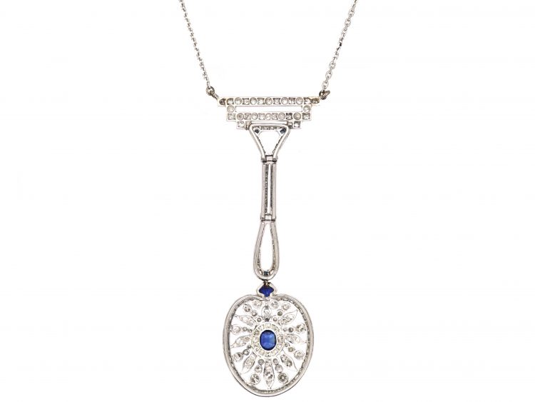 Art Deco Platinum Sapphire & Diamond Pendant on a 9ct White Gold Chain