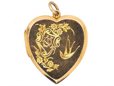Edwardian 15ct Gold Heart Shaped Locket with Engraved Swallows & Roses