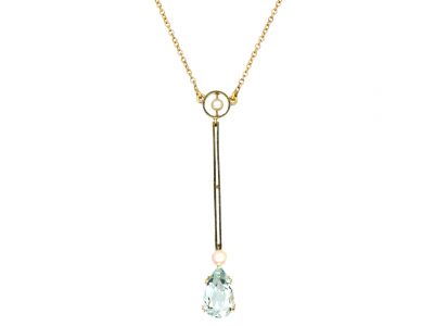 Art Deco 15ct Gold & Platinum, Aquamarine & Natural Pearl Drop Pendant