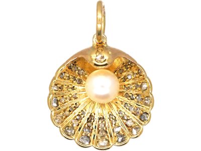 Edwardian 15ct Gold Scallop Shell Pendant set with a Pearl & Rose Diamonds