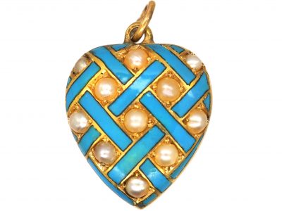 Victorian 15ct Gold, Turquoise Blue Enamel & Natural Split Pearl Heart Shaped Pendant
