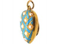Victorian 15ct Gold, Turquoise Blue Enamel & Natural Split Pearl Heart Shaped Pendant