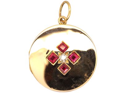 Edwardian 15ct Gold Round Locket set with Rubies & a Diamond