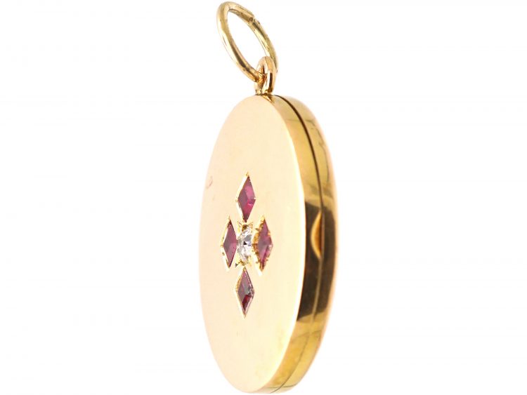 Edwardian 15ct Gold Round Locket set with Rubies & a Diamond