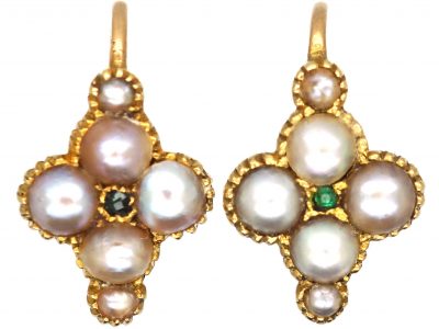 Early Victorian 15ct Gold, Natural Split Pearl & Emerald Flower Earrings