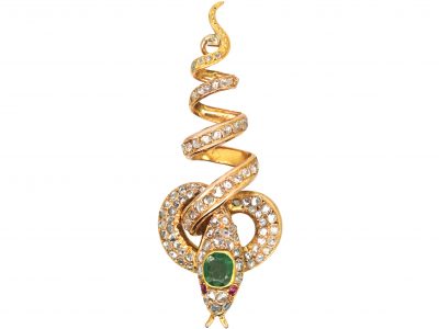Early 20th Century 14ct Gold Snake Brooch or Slide set with an Emerald, Rose Diamonds & Ruby Eyes