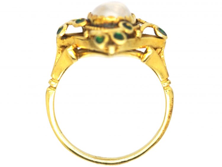 Art Nouveau 18ct Gold Green Enamel & Moonstone Botanical Ring
