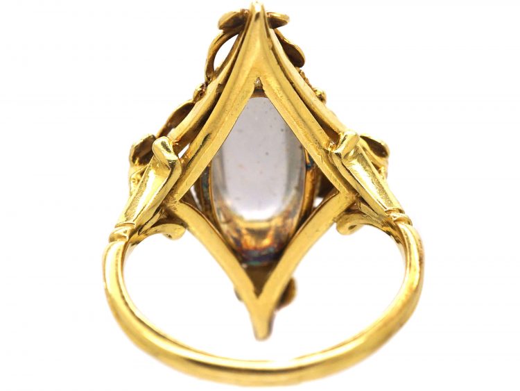 Art Nouveau 18ct Gold Green Enamel & Moonstone Botanical Ring