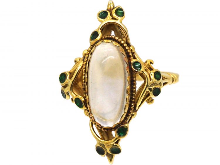 Art Nouveau 18ct Gold Green Enamel & Moonstone Botanical Ring