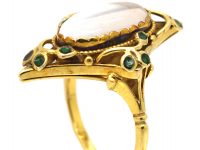 Art Nouveau 18ct Gold Green Enamel & Moonstone Botanical Ring