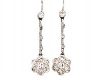 Edwardian Platinum Diamond Daisy Cluster Drop Earrings