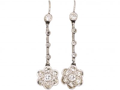 Edwardian Platinum Diamond Daisy Cluster Drop Earrings