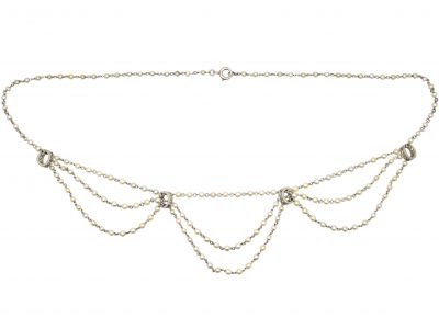 Edwardian Platinum, Natural Pearl & Diamond Festoon Necklace