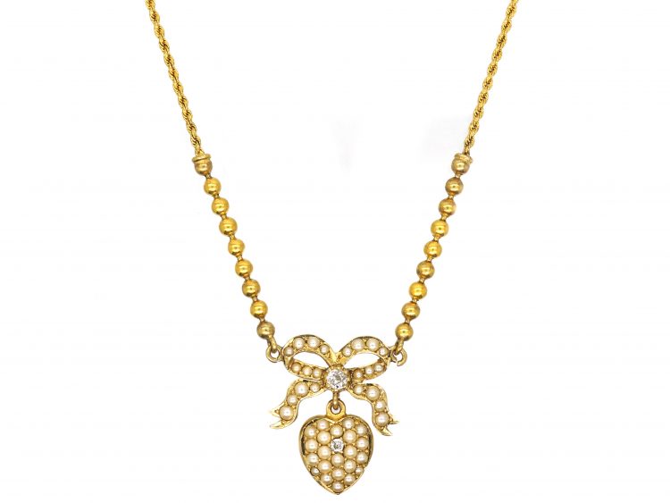 Edwardian 15ct Gold Heart and Bow Pedant set with Pearls and Diamonds