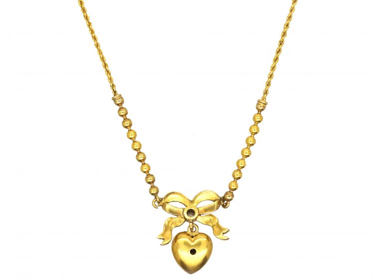 Edwardian 15ct Gold Heart and Bow Pedant set with Pearls and Diamonds