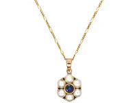 9ct Gold Sapphire & Pearl Cluster Pendant on a 9ct Gold Chain