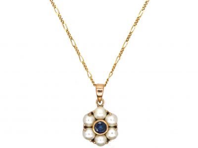 9ct Gold Sapphire & Pearl Cluster Pendant on a 9ct Gold Chain