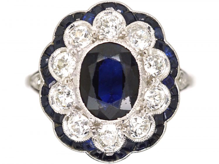 Early 20th Century Platinum Large Sapphire & Diamond Cluster Ring