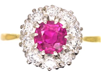 Mid 20th Century 18ct Gold & Platinum, Pink Sapphire & Diamond Cluster Ring