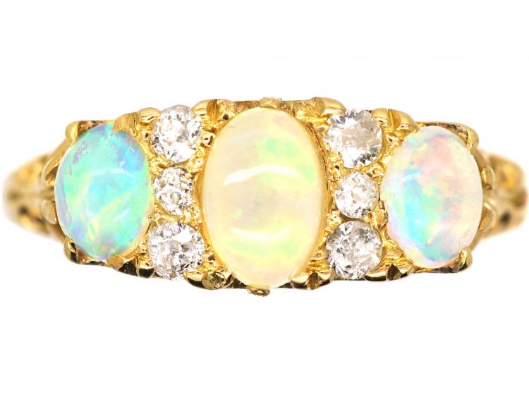 Edwardian 18ct Gold Three Stone Opal & Diamond Carved Half Hoop Ring