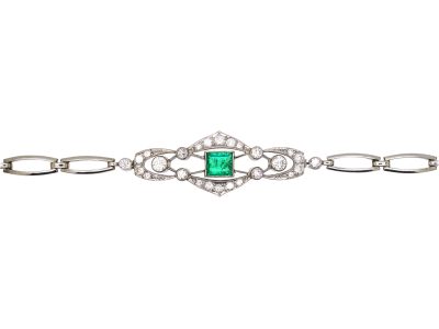 Art Deco 18ct White Gold, Emerald & Diamond Bracelet