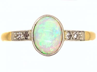 Edwardian 18ct Gold & Platinum Ring set with a Cabochon Opal with Diamond Shoulders