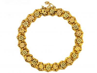 French Early 20th Century 18ct Three Colour Gold Flower Motif Curb Bracelet