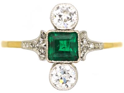 Edwardian 18ct Gold & Platinum, Square Cut Emerald & Diamond Ring