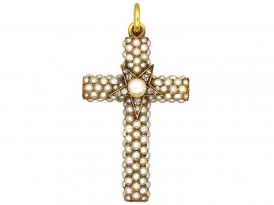 Victorian 18ct Gold Cross with a Star in the Centre set with Natural Split Pearls & Rose Diamonds